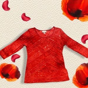 Dressbarn Red Criss Cross Design Silver Sequin 3/4 Sleeve Blouse